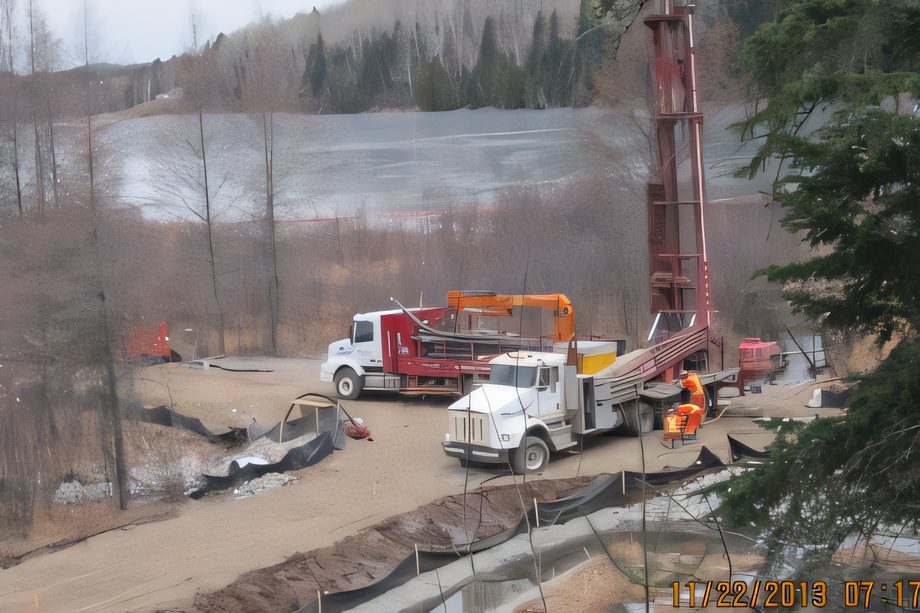 Un chantier de forage vu de loin : foreuse, camions et un plan d’eau derrière, en hiver
