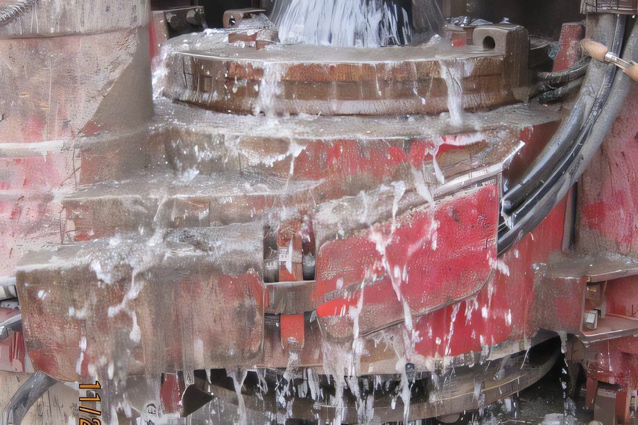 La tête d’un tubage d’acier couverte de glace et d’eau, sur le chantier d’hiver