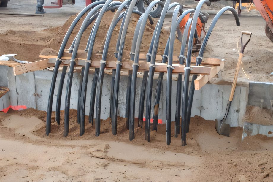 Des tuyaux de boucles géothermiques noirs qui sortent du sol en arcs, avant le raccordement
