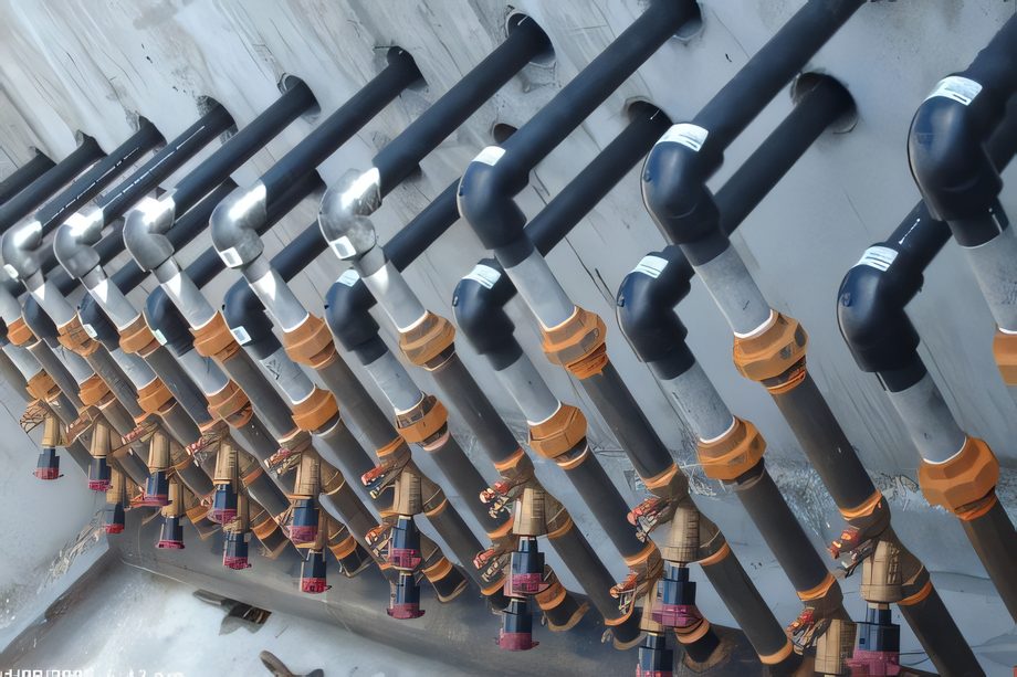 Les tuyaux d’un collecteur géothermique alignés dans une chambre de raccordement en béton