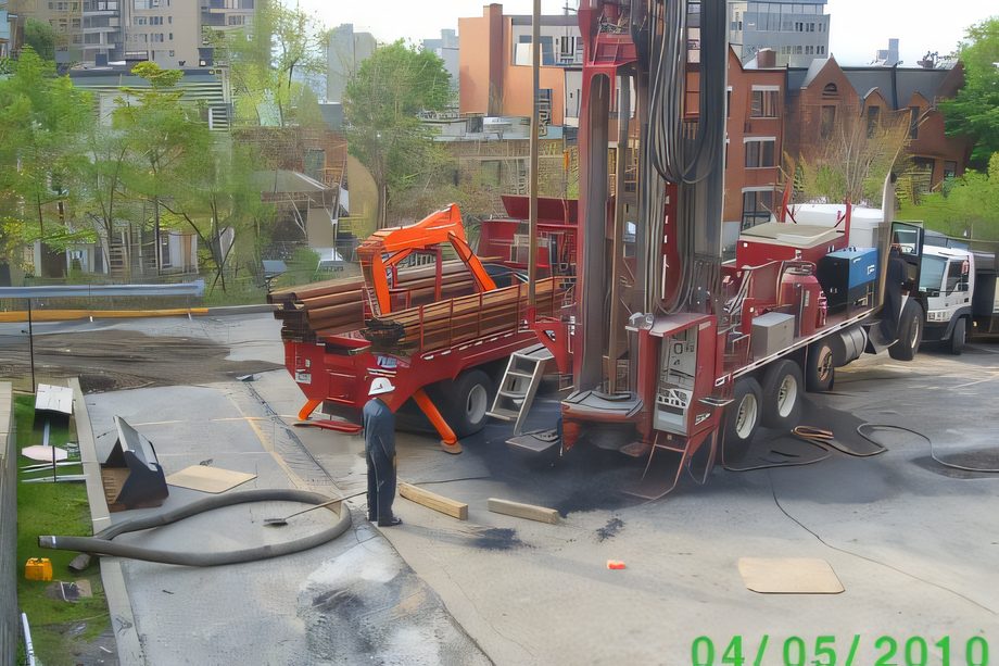 Une foreuse rouge sur camion, mât levé, sur un chantier en ville avec des immeubles derrière