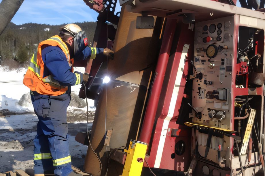 Un foreur en dossard au poste de commande de la foreuse, mât incliné