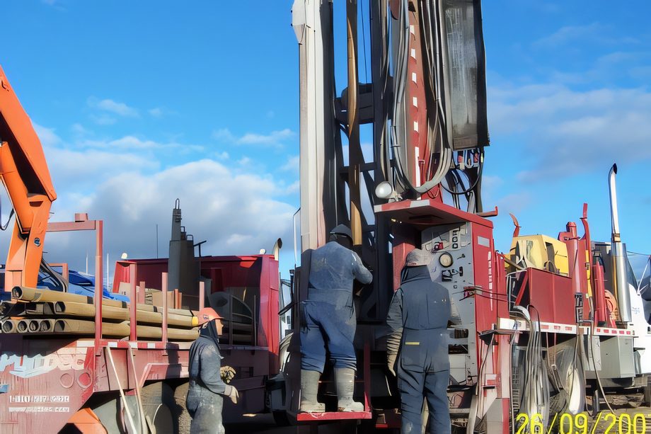 Une foreuse sur camion et trois travailleurs en dossards devant le mât, chantier de Saint-Félix