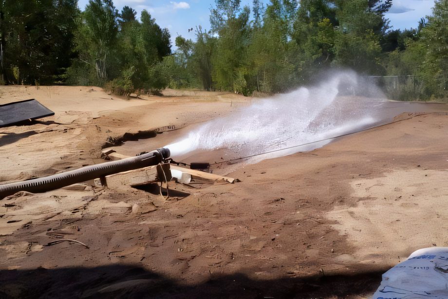 Un jet d’eau sort d’un tuyau au sol pendant l’essai de pompage d’un puits, en lisière de forêt