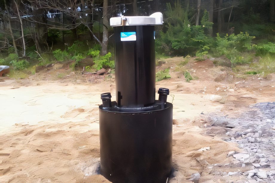 Une tête de puits noire scellée sur une base de béton, en lisière de forêt