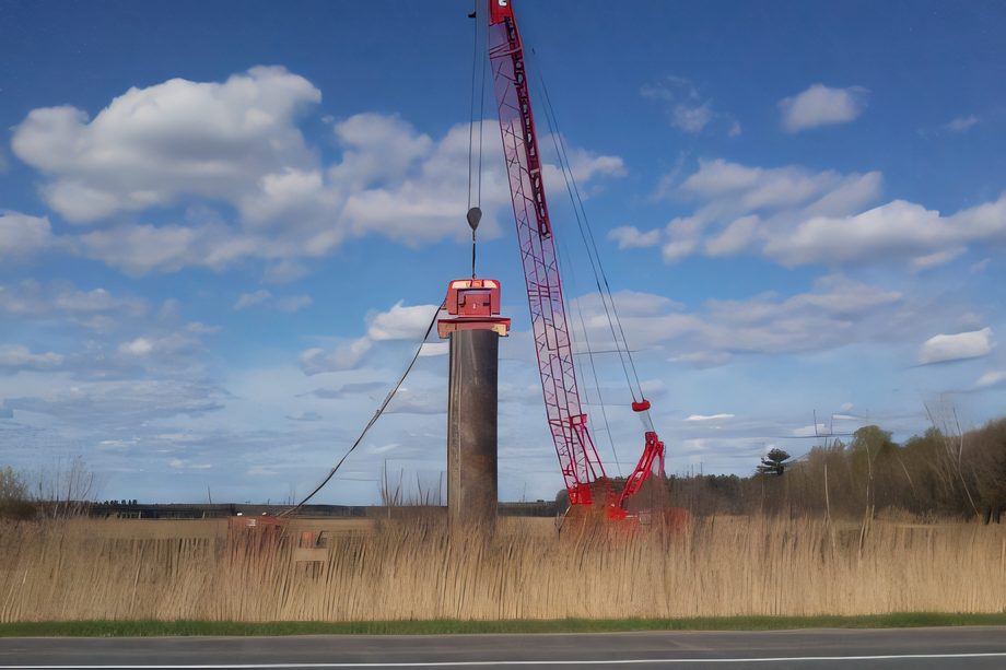 Une grue dressée au bord d’une route, à côté du tubage d’un puits