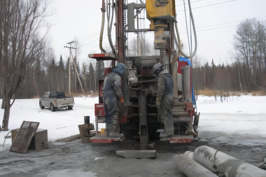 Une foreuse rouge sur camion, mât levé, sur le chantier enneigé de la Source Gabriel