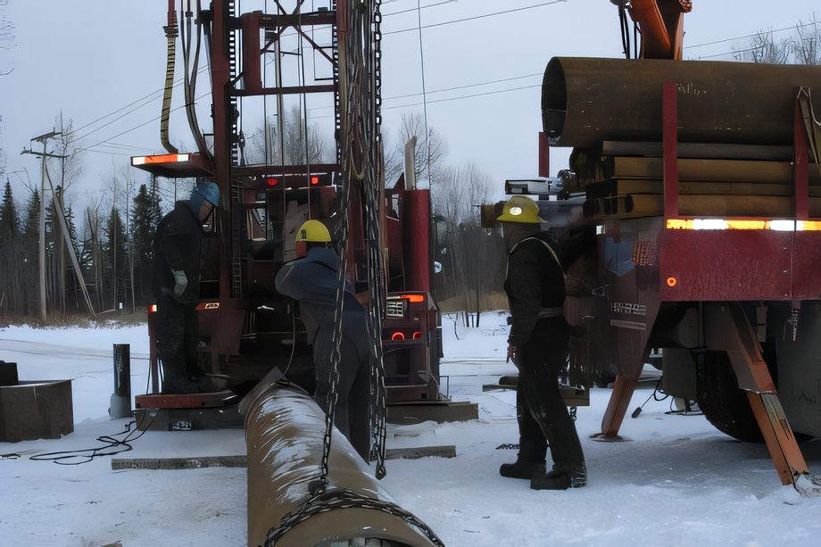 Une équipe de foreurs en dossards autour du mât d’une foreuse, sur un chantier d’hiver