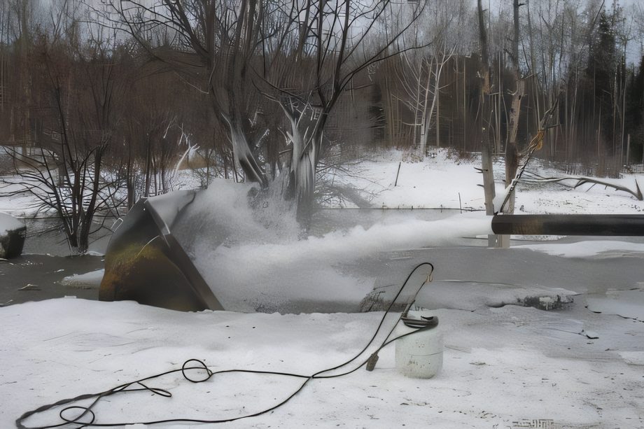 Un jet d’eau sort d’un tubage sur un chantier enneigé, un boyau au sol