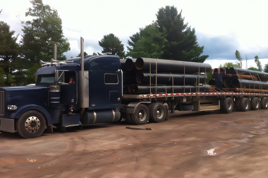 Un camion-remorque noir chargé de tubage d’acier, garé sur le chantier