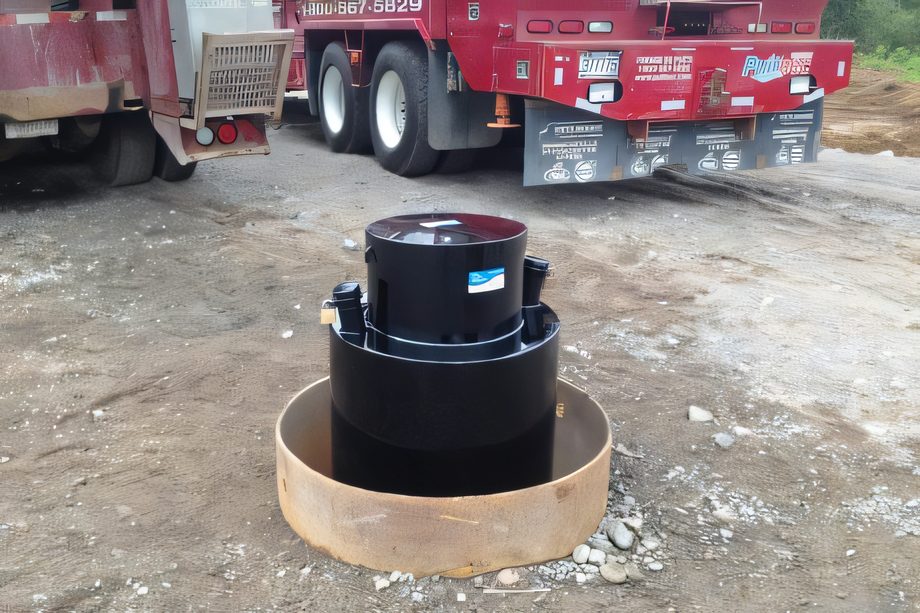 Une tête de puits noire scellée sur sa base de béton, le camion de forage derrière