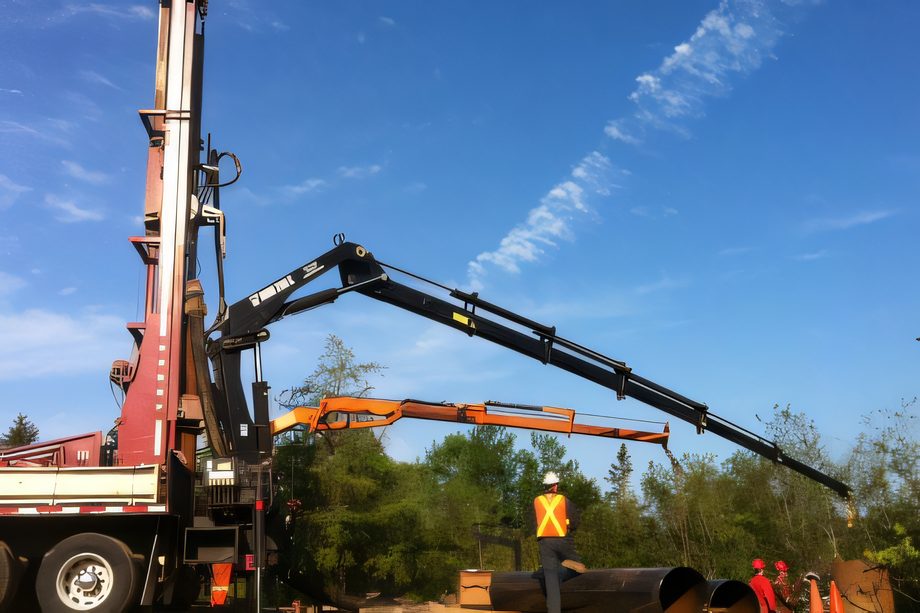 Foreuse à double rotation dressée sur un chantier de puits municipal, grue à côté, ciel dégagé