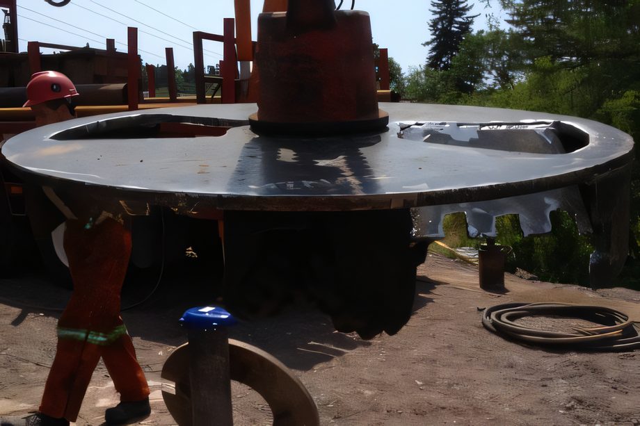 Une grue soulève une large bague d’acier au-dessus d’un chantier de forage, deux travailleurs en dossards