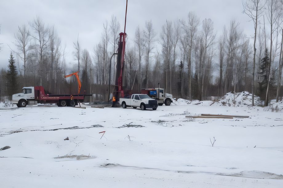 Un chantier minier enneigé, une foreuse au loin sous un ciel gris