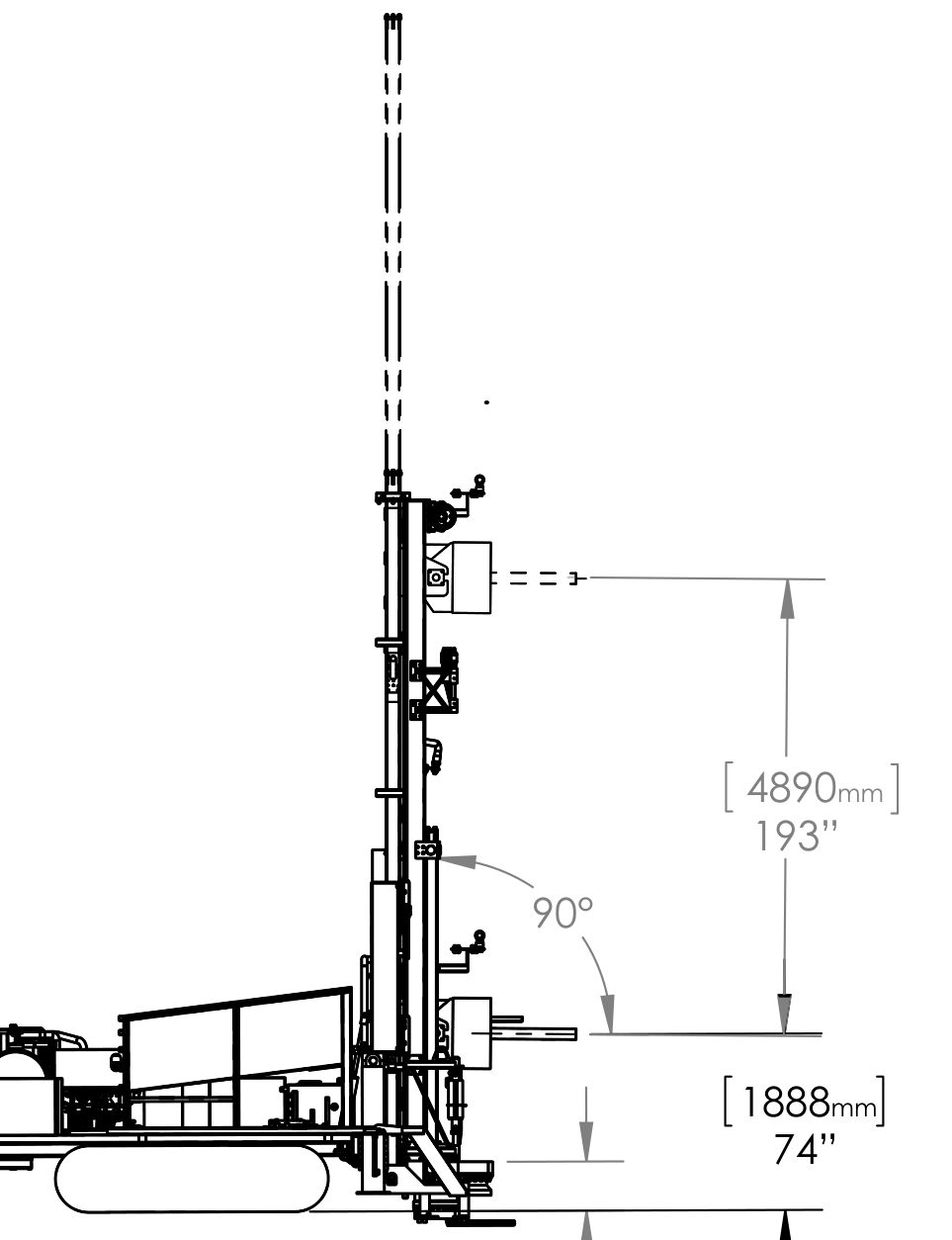 Dessin technique de la DRC-10-A avec le mât à 90 degrés : 4 890 mm de hauteur de mât, 1 888 mm au sol