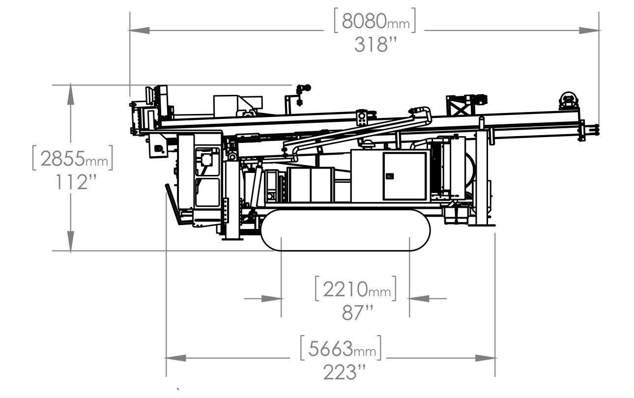 Dessin technique coté de la DRC-10-A vue de côté : 8 080 mm de long, 2 855 mm de haut, chenilles de 2 210 mm
