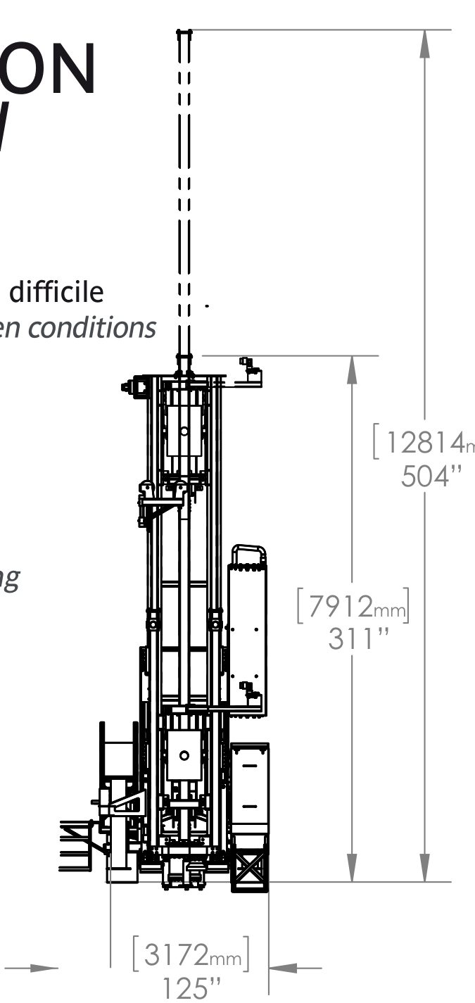 Dessin technique de la DRC-10-A vue de face, mât levé : 12 814 mm de haut, 3 172 mm de large