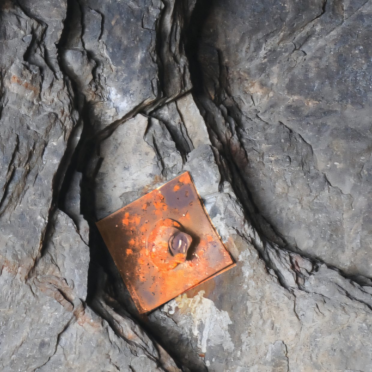 Une plaque d’acier rouillée boulonnée dans une paroi de roc gris